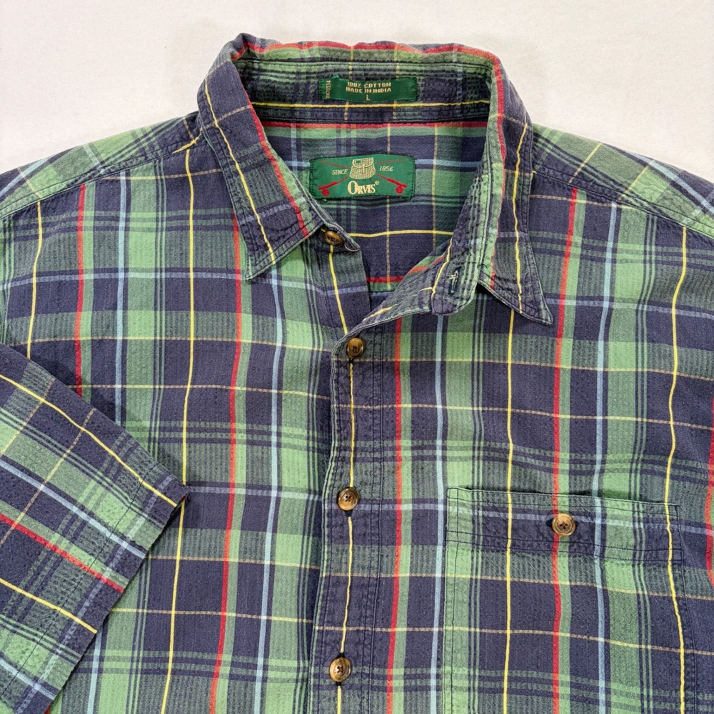 Orvis Mens Large Green Navy Plaid Cotton Short Sleeve Button Down Shirt